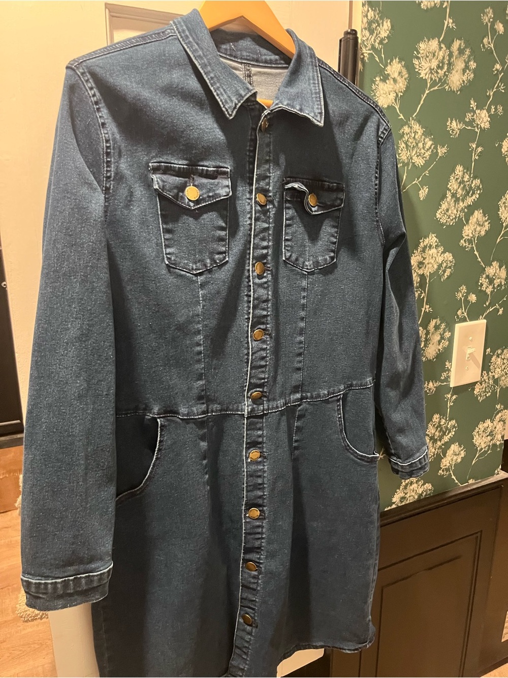Button-Front Dark Blue spandex Denim Shirt Dress - Picture 1 of 2